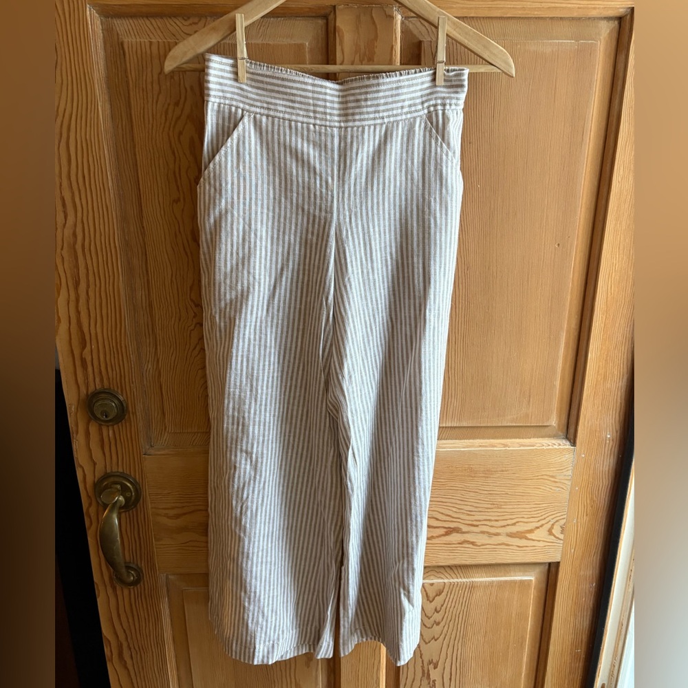 Linen Cotton Blend White and Beige Striped Wide-Leg Pants Size XS - Picture 5 of 6